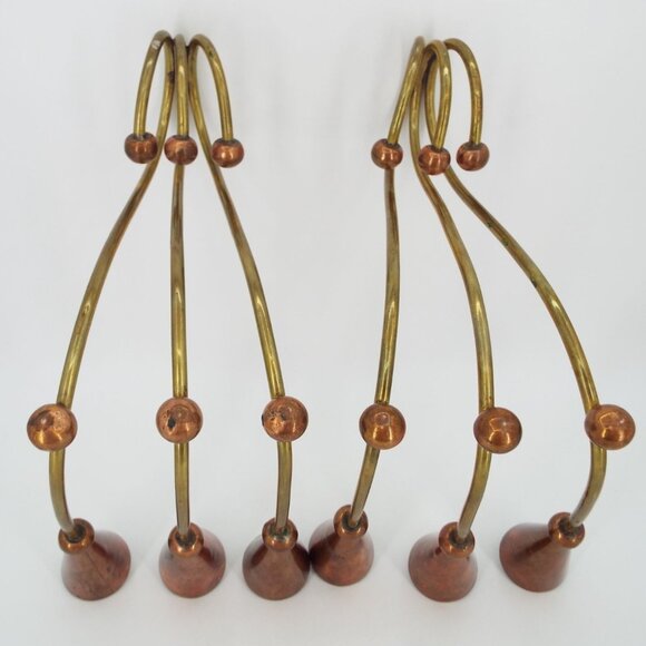 Pair of Vintage MCM 3-Arm Brass and Copper Modernist Candelabras - Picture 5 of 16